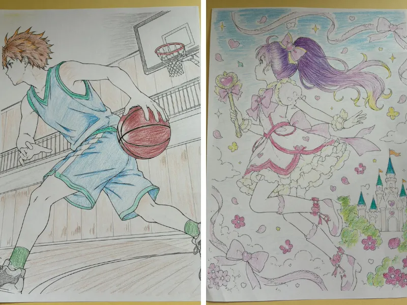 少年漫画風と少女漫画風のぬり絵2つ